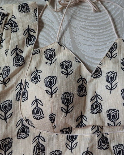 Off White Lotus Print Madhubala Cotton Blouse