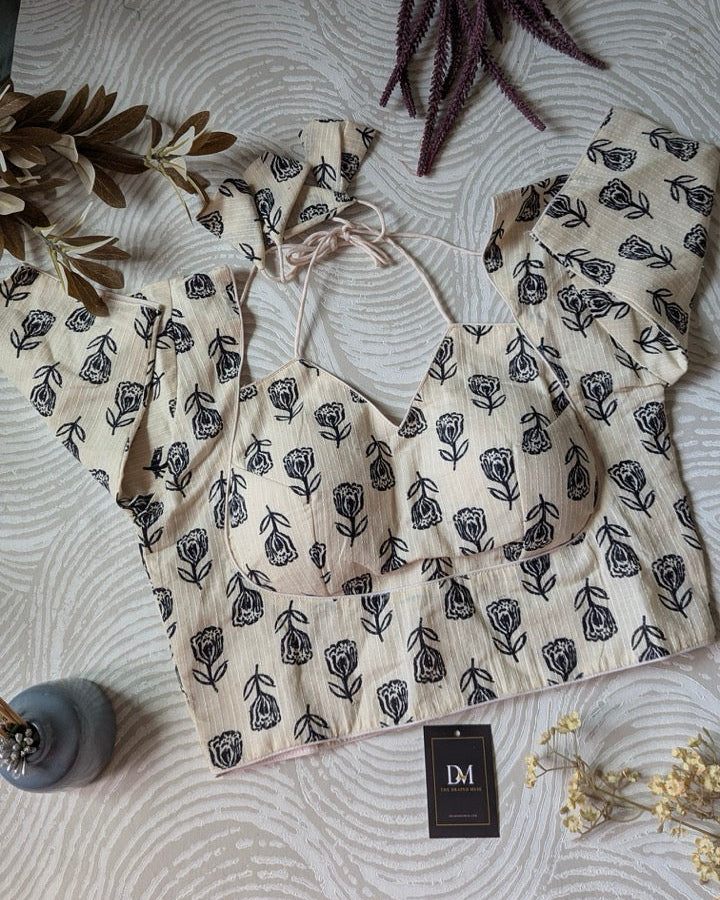 Off White Lotus Print Madhubala Cotton Blouse