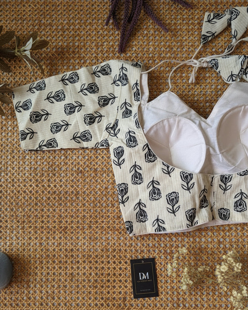 Off White Lotus Print Madhubala Cotton Blouse