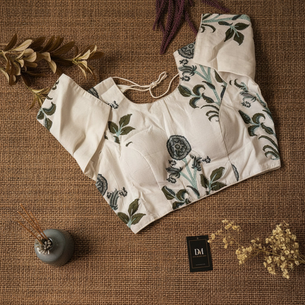 White Floral Print Cotton Blouse