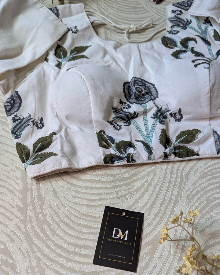 White Floral Print Cotton Blouse