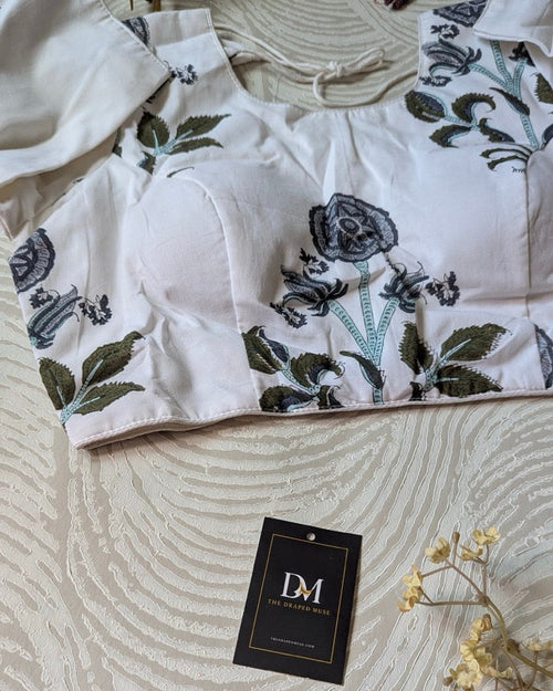 White Floral Print Cotton Blouse