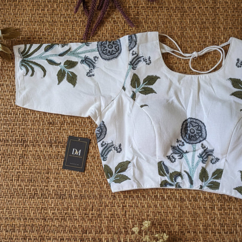White Floral Print Cotton Blouse