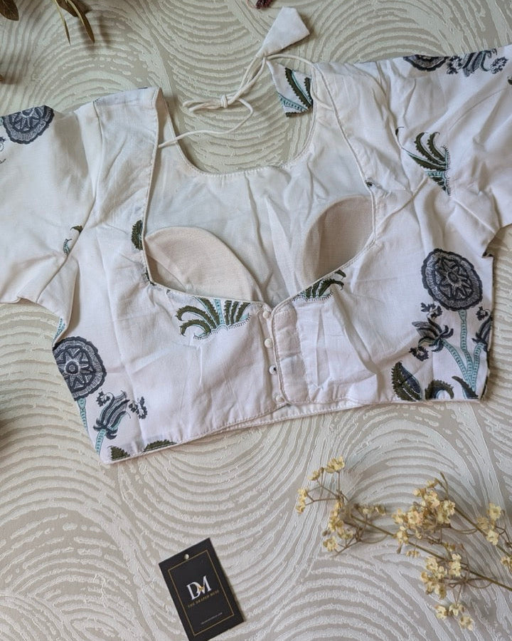 White Floral Print Cotton Blouse
