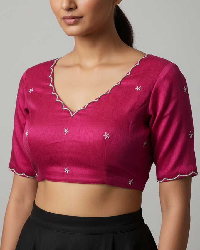 Pink Raw Silk Bead-work Blouse