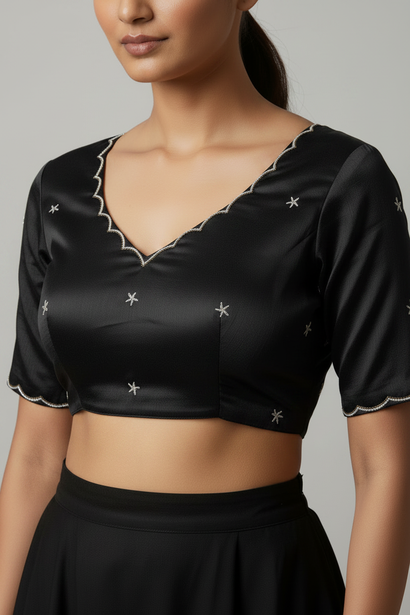 Black Raw Silk Bead-work Blouse