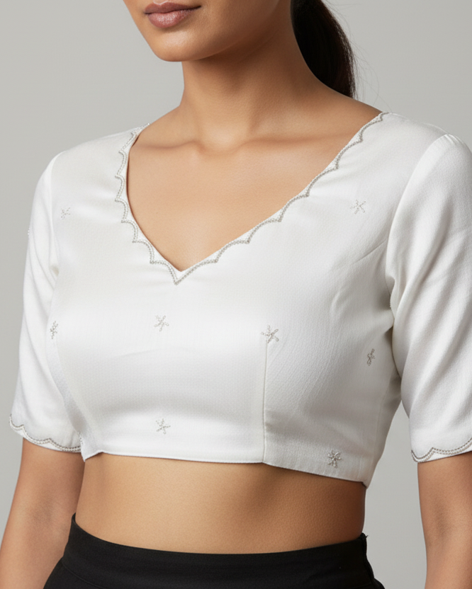 White Raw Silk Bead-work Blouse