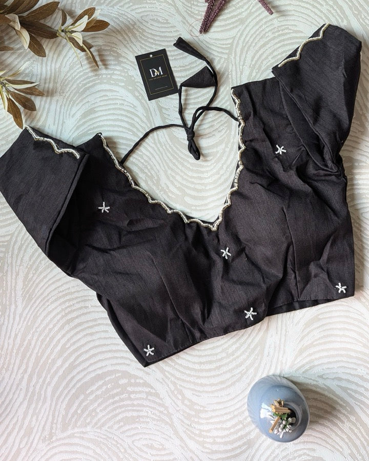 Black Raw Silk Bead-work Blouse