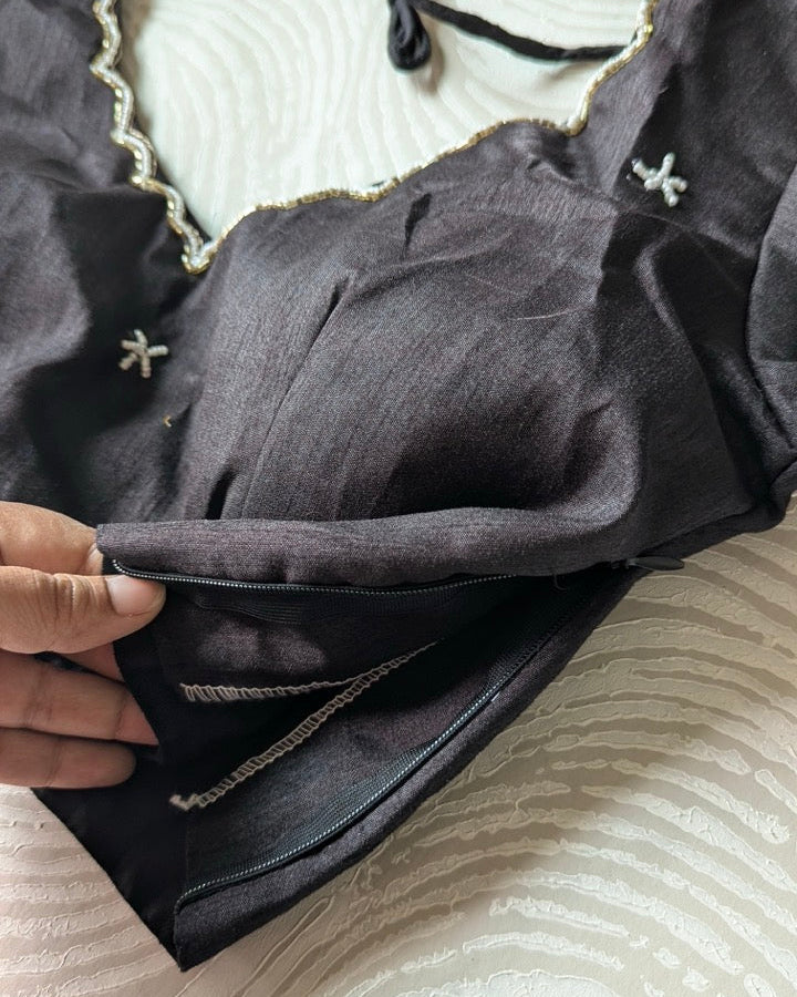 Black Raw Silk Bead-work Blouse