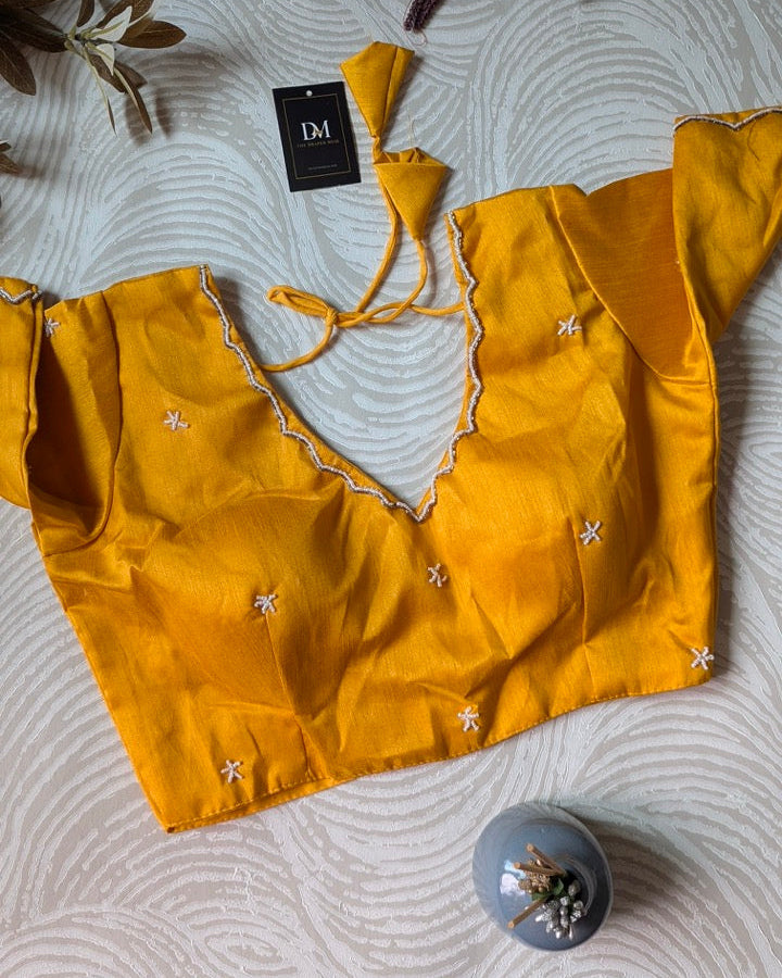 Yellow Raw Silk Bead-work Blouse