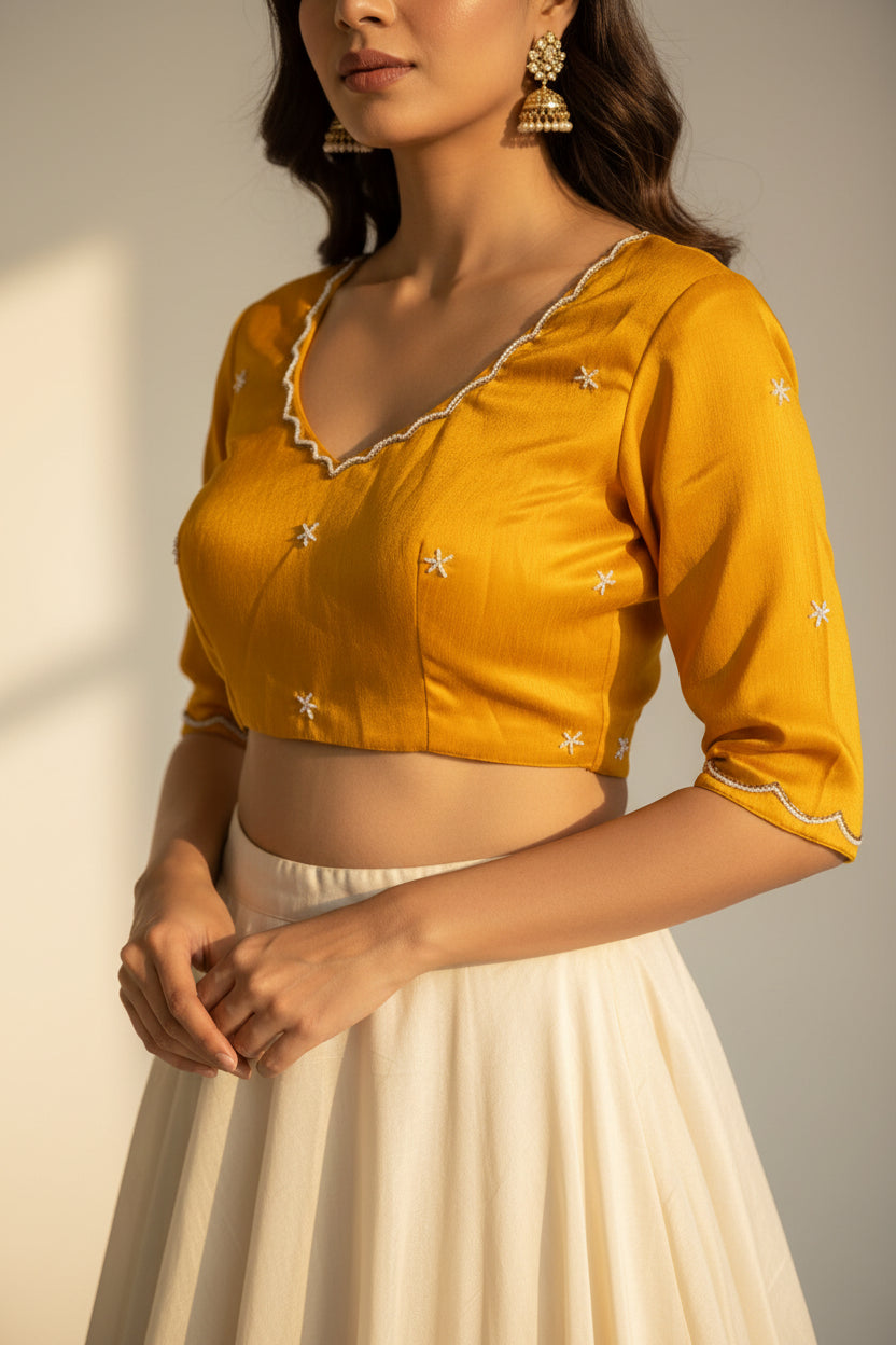 Yellow Raw Silk Bead-work Blouse