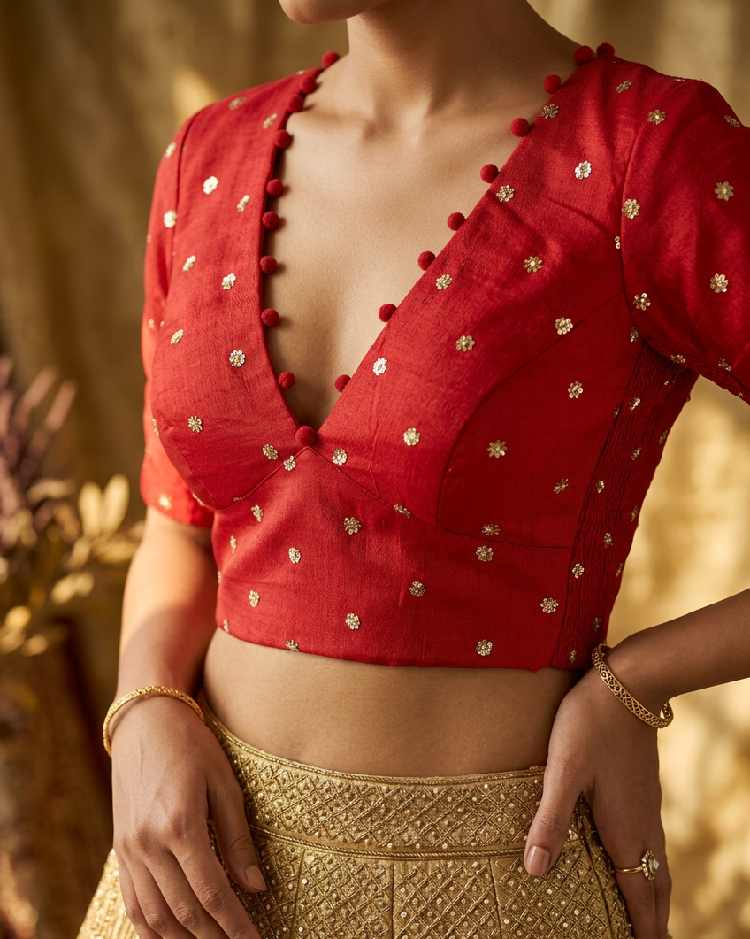Red Crepe Stretchable Blouse with Sleeves