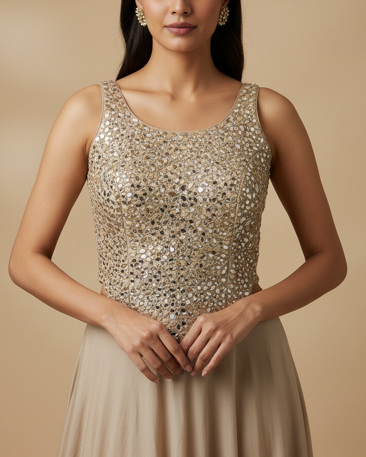 Beige Mirror Work Corset Blouse on Model - Realistic