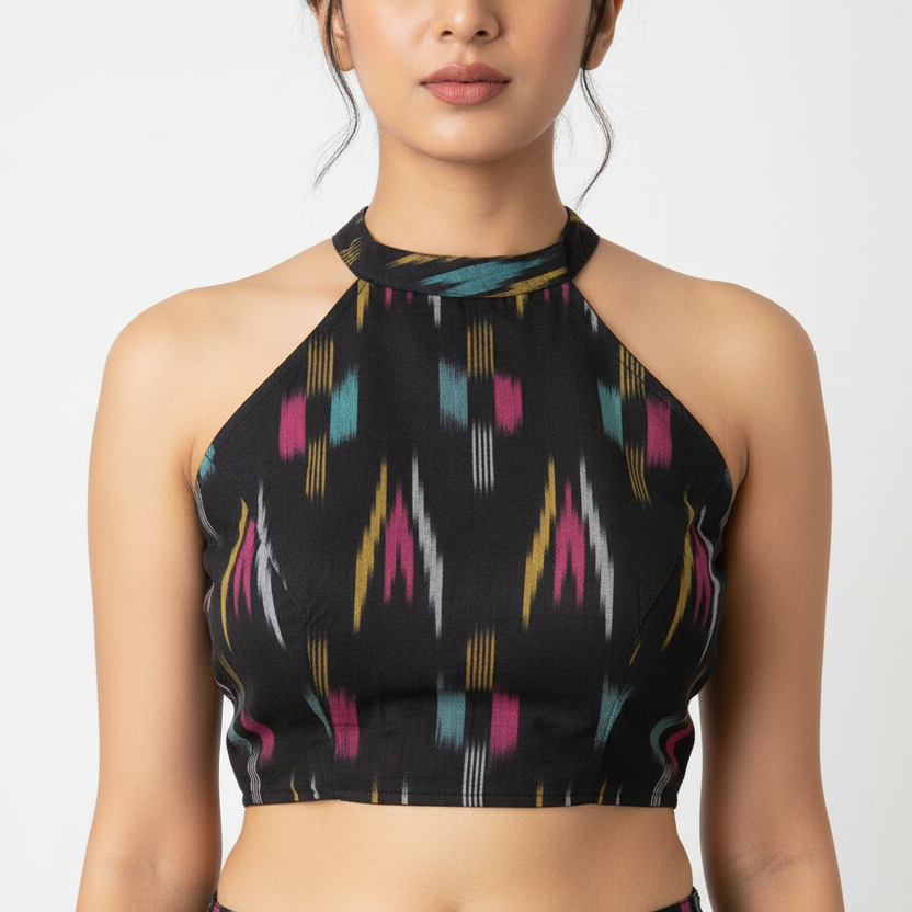 Black Multicolour Ikkat Blouse on Model