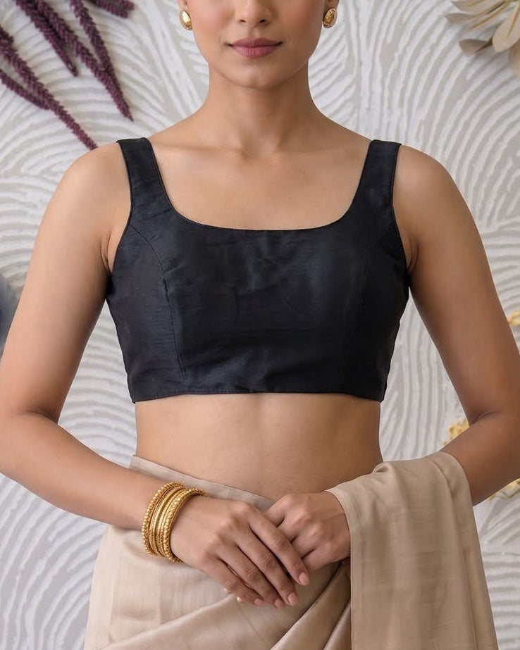 Black Bollywood Raw Silk Blouse - Readymade Saree Blouse