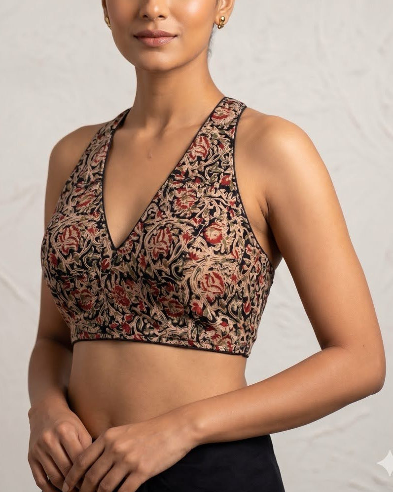 Black Kalamkari Halter Neck Blouse - Readymade Saree Blouse