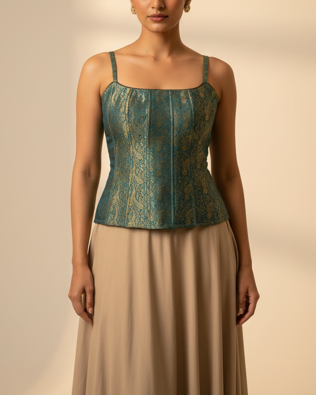 Model wearing teal blue Banarasi jacquard long corset blouse with golden zari design