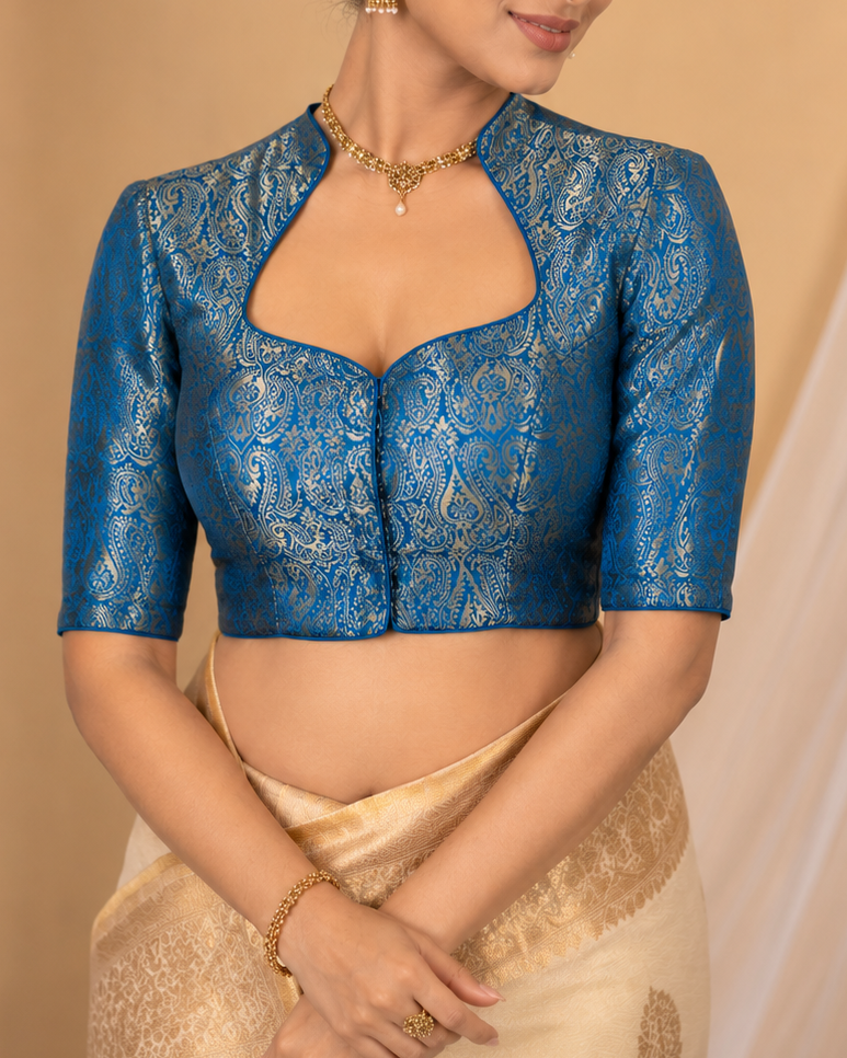 Blue Silk Woven Banarasi Blouse - Readymade Saree Blouse