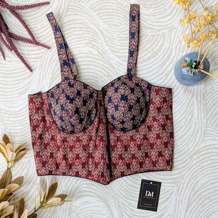 Maroon and Blue Ajrakh Cotton Corset Blouse - Readymade Saree Blouse