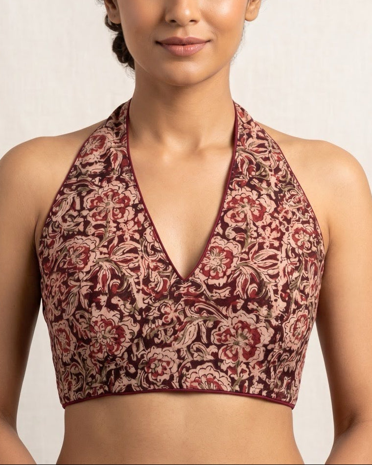 Maroon Kalamkari Halter Neck Blouse - Readymade Saree Blouse