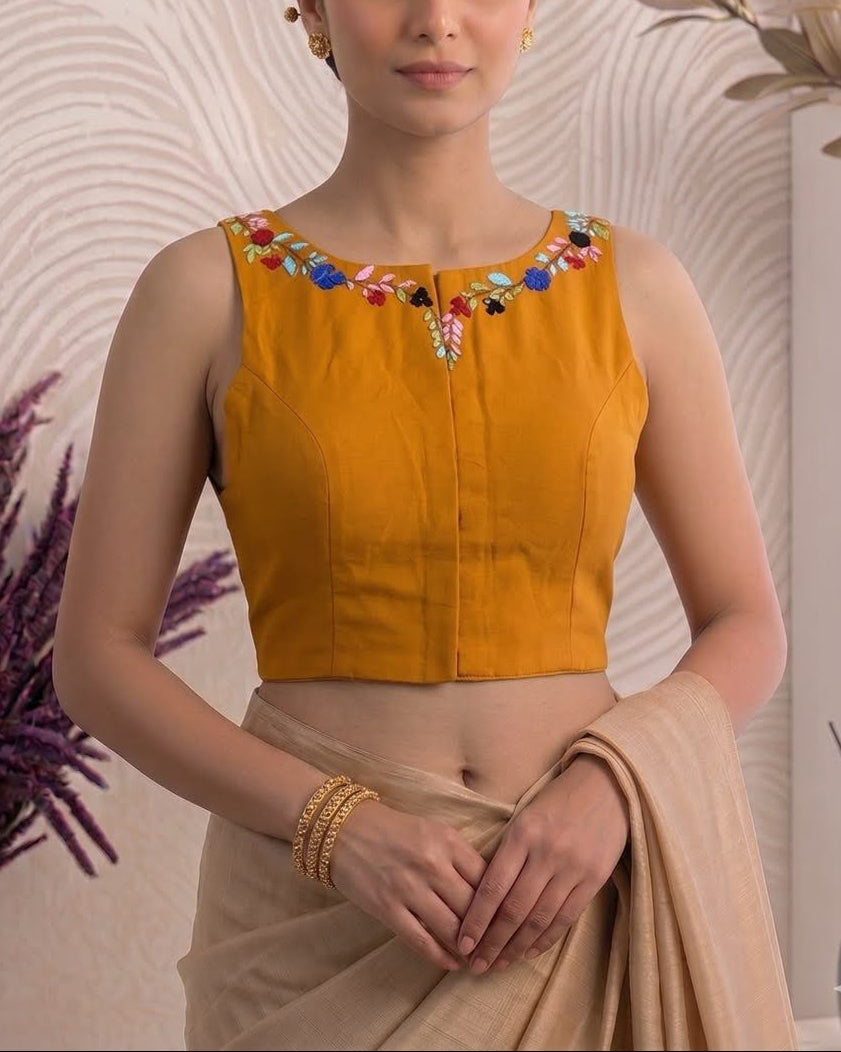 Mustard Yellow Embroidered Racer Back Blouse - Readymade Saree Blouse