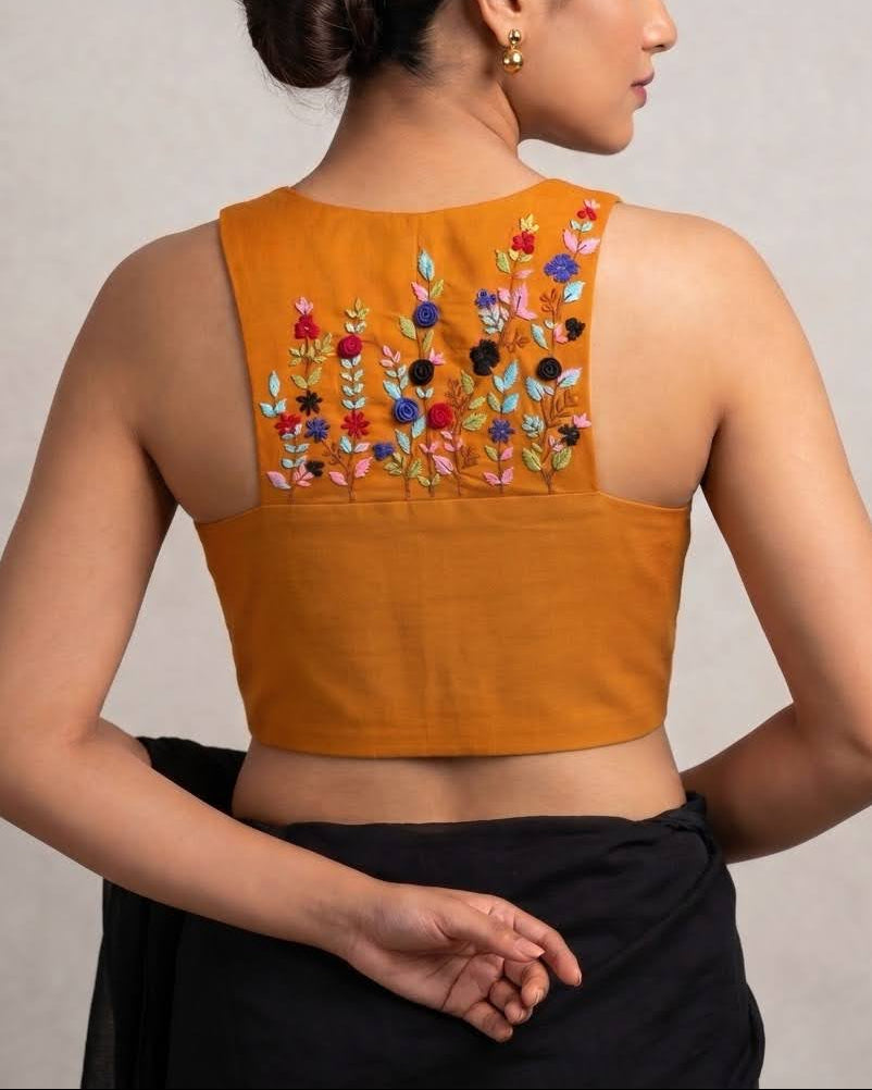 Mustard Yellow Embroidered Racer Back Blouse - Readymade Saree Blouse