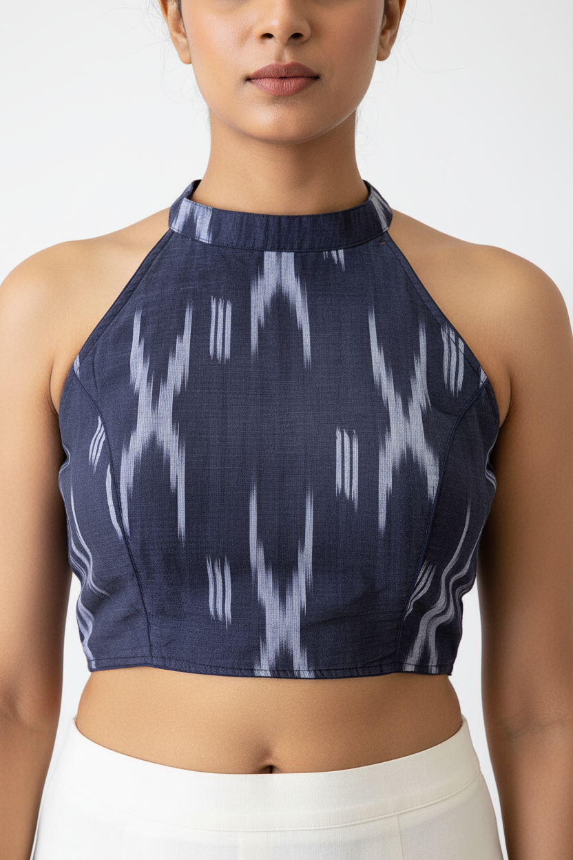 Navy Blue Ikkat Halter Blouse - Front View