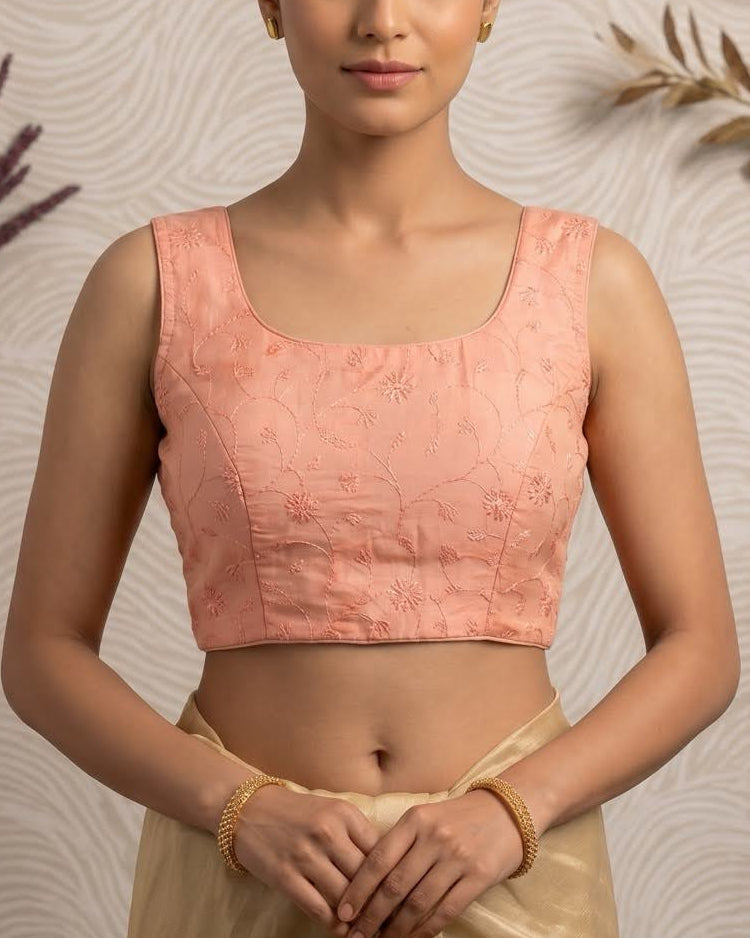 Peach Self Embroidered Cotton Blouse - Readymade Saree Blouse