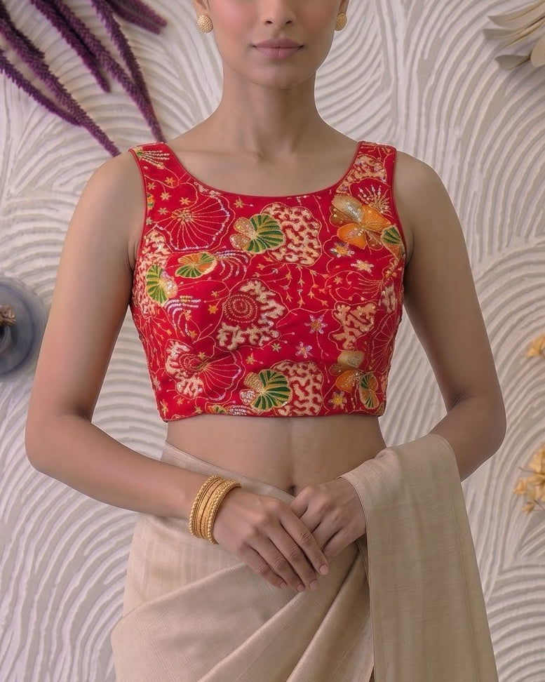 Red Floral Stretchable Blouse - Readymade Saree Blouse
