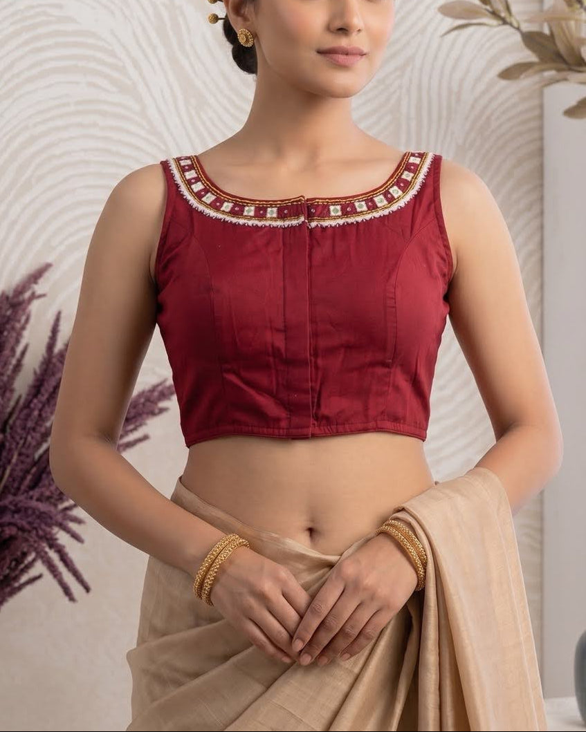 Red Mirror Work Racer Back Blouse - Readymade Saree Blouse