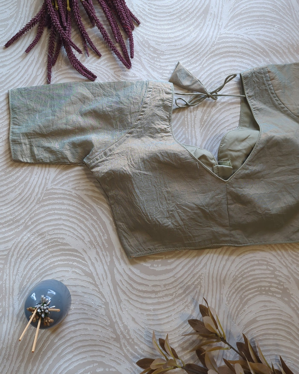 Pastel Green Plain Tissue Silk Blouse - Readymade Saree Blouse