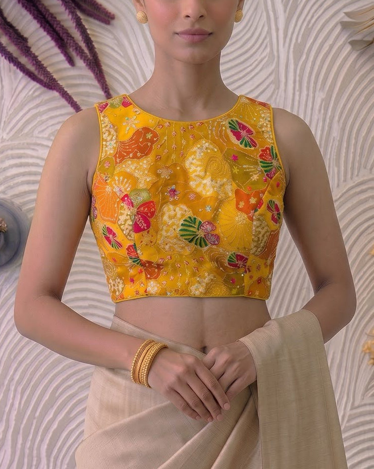 Yellow Floral Stretchable Blouse - Readymade Saree Blouse