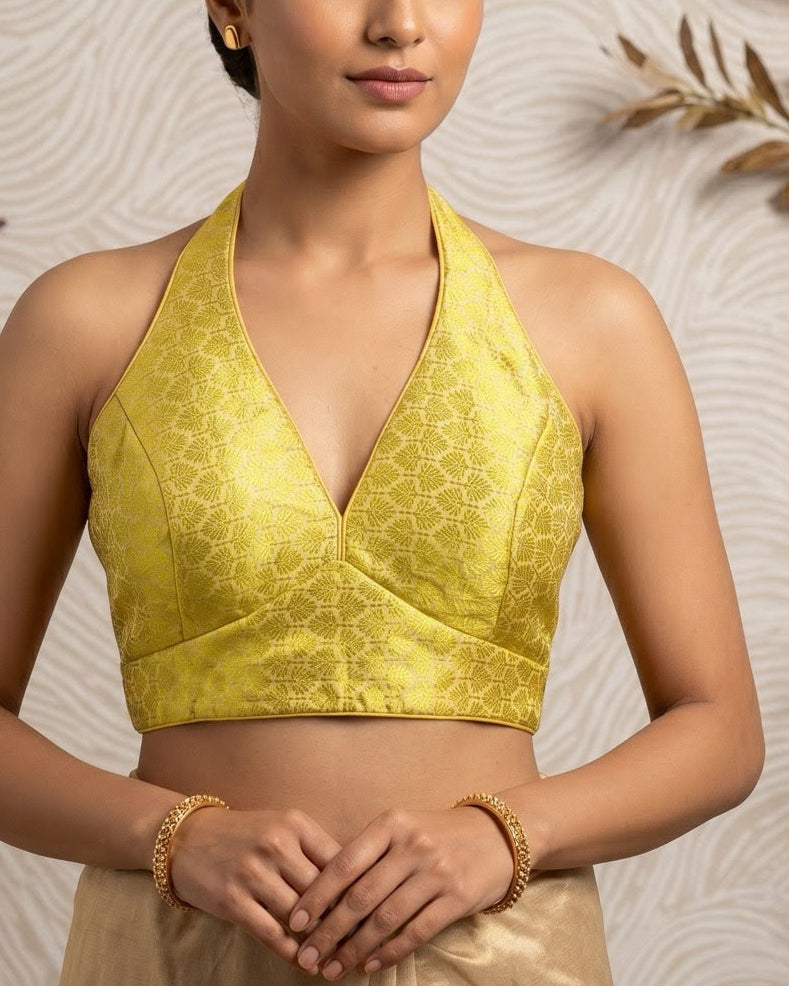 Lemon Yellow Halter Neck Blouse - Readymade Saree Blouse