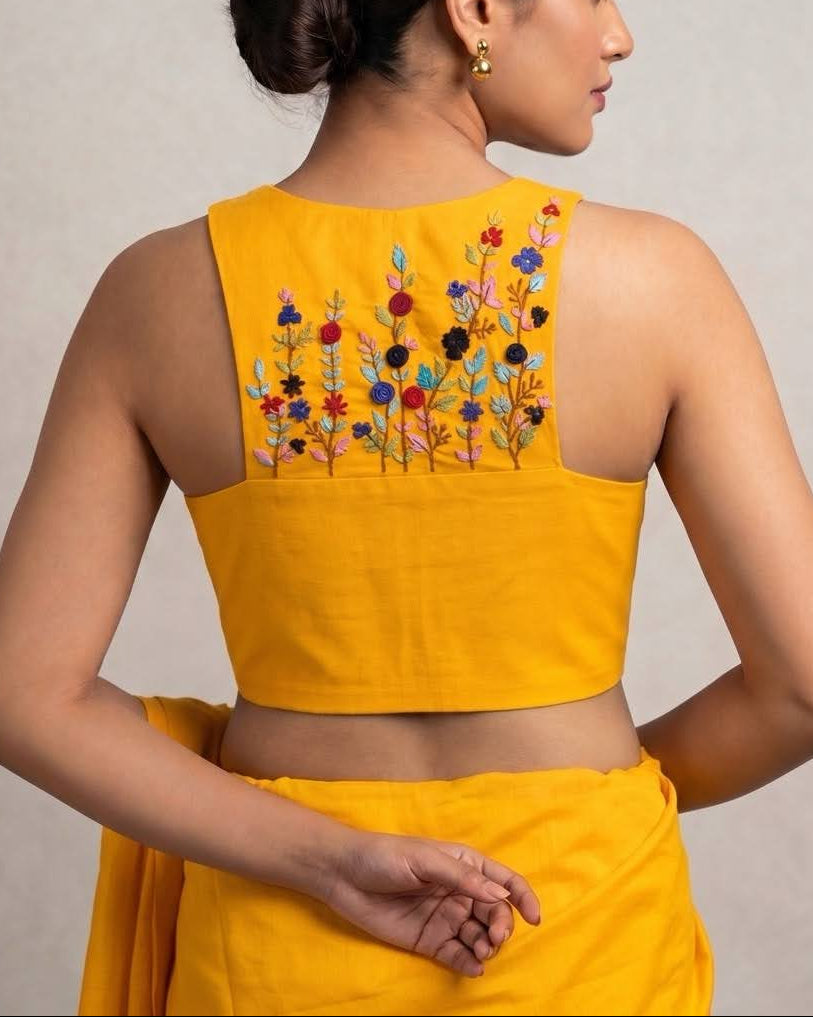 Yellow Embroidered Racer Back Blouse - Readymade Saree Blouse